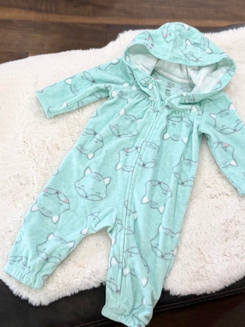 Carter's Blue Fox Print Fleece Hooded Jumpsuit 6M